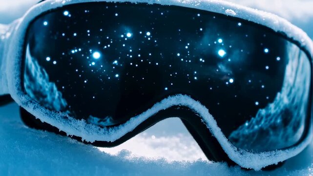 Snowboard Goggles Resting on Snow with a Magical Starry Night Reflection