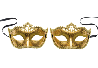 Two ornate golden venetian masquerade masks with black ribbons isolated on transparent background on transparent background
