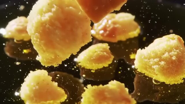 Cornbread cubes frying in hot oil.