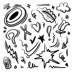Hand drawn doodle design elements. flower, arrow, heart, leaves, sun, rainbow, star and other,