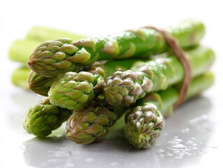 A bunch of fresh asparagus tied with string sits on a white reflective surface