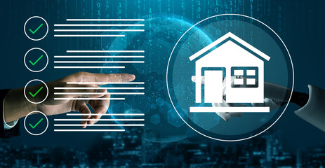 A conceptual representation of real estate transactions between human and robot, highlighting technology role in modern decision-making and urban living. Gantry