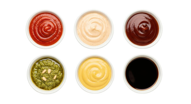 Assortment of sauces in white bowls concept highlighting ketchup, mayonnaise, bbq sauce captured in modern professional