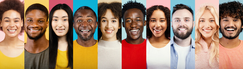 A diverse group of people smiles joyfully in a vibrant collage. The scene captures ten individuals...