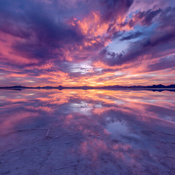 Stunning sunset reflecting vibrant pink, purple, and orange clouds over a calm salt flat with mirrored water, creating a surreal and beautiful landscape.