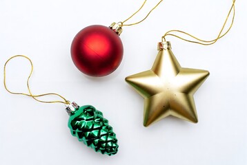 Christmas Holiday Ornaments: Red, Gold, and Green Tree Decorations with Star, Ball, and Pinecone for Festive and Joyful Spirit