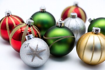 Festive Christmas Ornaments: Shiny Red, Green, Silver, and Gold Baubles for Holiday Tree Decorations and Family Gatherings