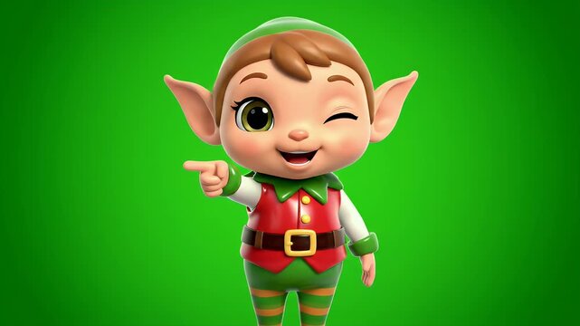 Cute Christmas Elf Character Winking and Smiling on Green Screen Background for Holiday Cheer.
