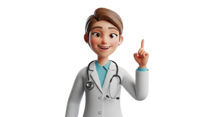 Cartoon doctor pointing upwards with smile concept highlighting doctor, physician, healthcare captured in modern professional photography