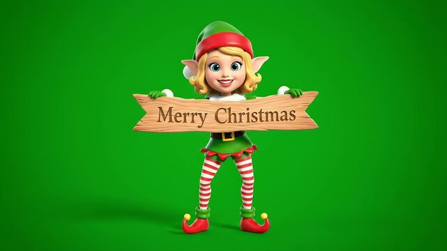 Cute Christmas Elf Holding Merry Christmas Sign on Green Screen Background.