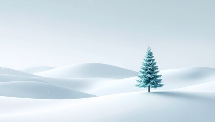 Christmas banner with abstract snowfall and single minimalist green tree