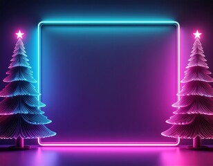 Futuristic neon wireframe Christmas tree corner frame on dark background