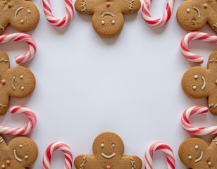 Whimsical Christmas frame border with repeating gingerbread man and candy cane pattern