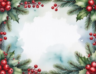 Watercolor illustration of a soft Christmas wreath border frame