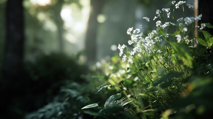 Fototapeta premium Enchanting woodland scene featuring delicate white flowers in dappled sunlight