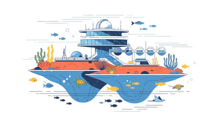 Underwater Research Facility with Marine Life and Coral Reefs.