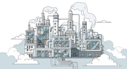 Detailed industrial factory complex with smoke stacks and pipes.