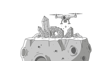 Drone Exploring Ancient Ruins and Crystals on a Cratered Asteroid.