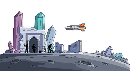 Explorers Discovering Ancient Crystal Ruins on a Cratered Alien Planet.