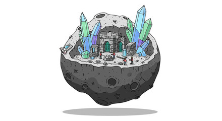 Fantasy Asteroid City with Glowing Crystals and Ancient Structures.