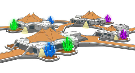 Futuristic alien settlement with unique architecture and vibrant crystal formations.