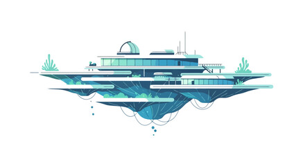 Futuristic Blue and Green Floating Island City Concept Art.