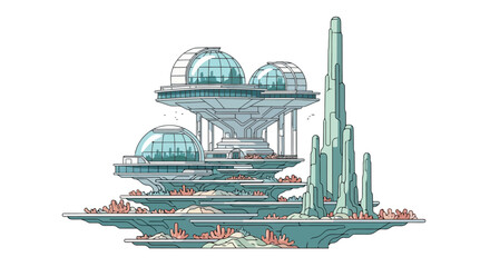 Futuristic Cityscape with Domed Buildings and Spire Structures.