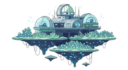 Futuristic Floating City with Dome Structures and Lush Greenery.