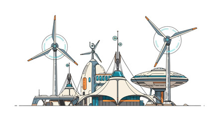 Futuristic Eco-Friendly Cityscape with Wind Turbines and Sustainable Architecture.