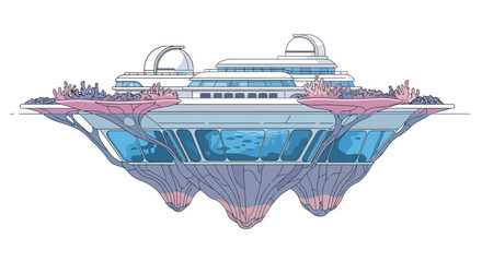 Futuristic floating island city with advanced architecture and observatories.