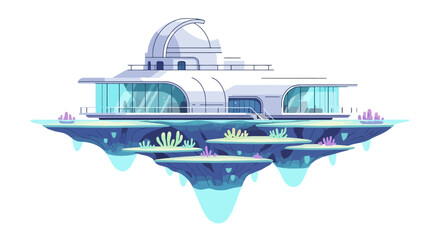 Futuristic floating island with observatory and modern architecture.