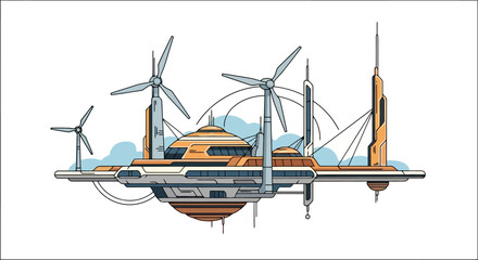 Futuristic Floating City with Wind Turbines and Advanced Architecture.