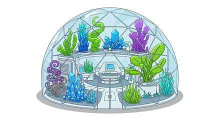 Futuristic Geodesic Dome with Exotic Alien Plants and Advanced Cultivation System.