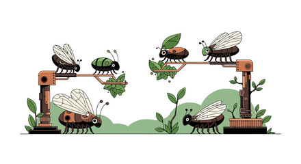 Insects on a wooden structure with green leaves.