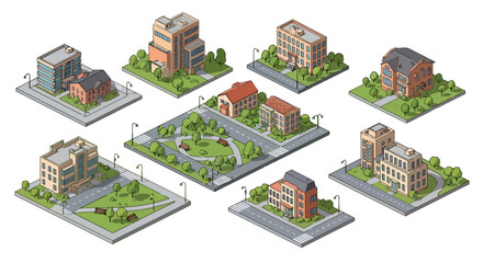Isometric city buildings and park elements set.