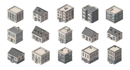 Isometric pixel art buildings set isolated on white background.