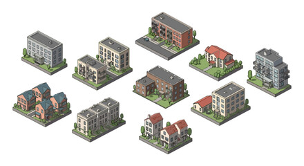 Isometric Pixel Art Collection of Diverse City Buildings and Structures.