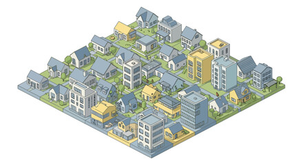 Isometric view of a charming and bustling city block with various buildings.