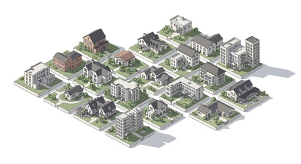 Isometric view of a diverse residential and commercial urban block layout.