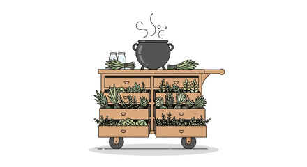 Mobile Herb Garden Cart with Steaming Pot.