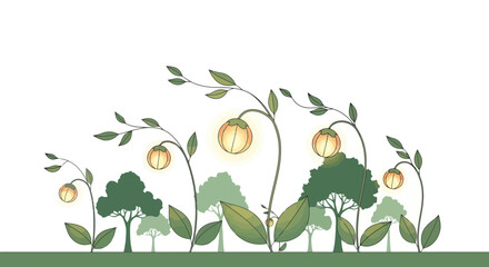 Luminous Forest - Whimsical Trees and Glowing Lantern Plants Illustration.
