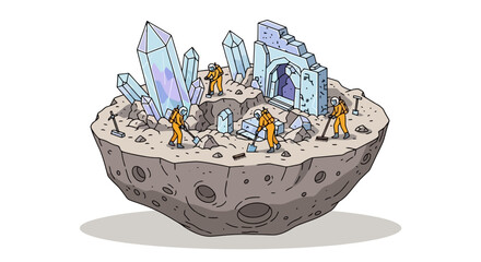 Miners excavating large crystals and ancient ruins on a floating asteroid.