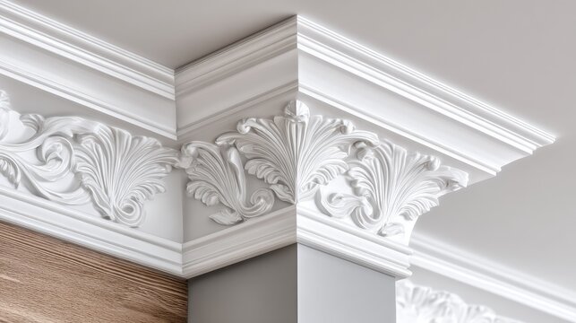 Detailed white decorative plaster molding adorns the corner transition between a ceiling and interior walls
