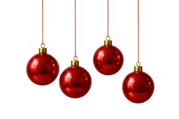 Four red christmas ornaments hanging with golden caps against a transparent background, winter holiday decoration