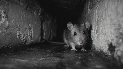 A small mouse cautiously peeks out of a dark, narrow opening in a concrete wall
