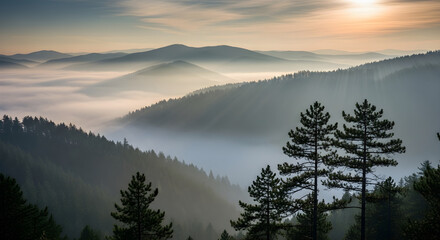 Golden hour mountain landscape with fog and sun rays over a pine forest