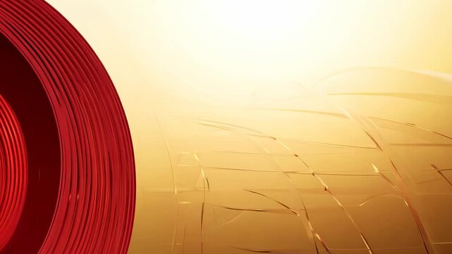 A vibrant red record stands boldly against a warm, golden background, reflecting light in an elegant display. The smooth curves of the record enhance the overall aesthetic, creatin