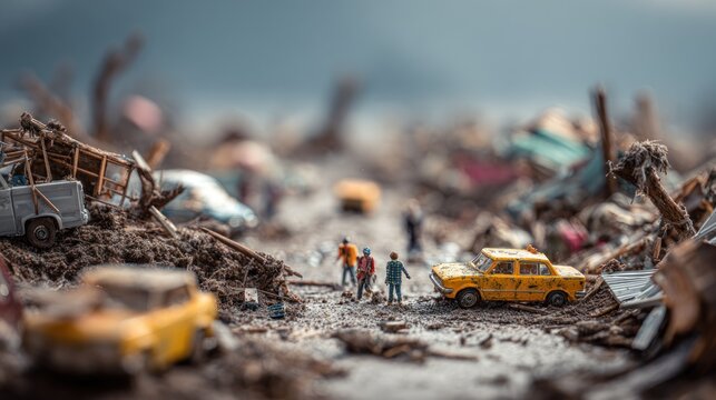 Miniature scale model depicting the devastating effects of a natural disaster