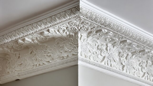 Ornate plaster ceiling molding showcases intricate floral relief carving at the junction of wall and ceiling