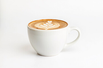 Coffee on a White Background. Coffee in a white cup with latte art. Flat lay, copy space. Cafe culture.